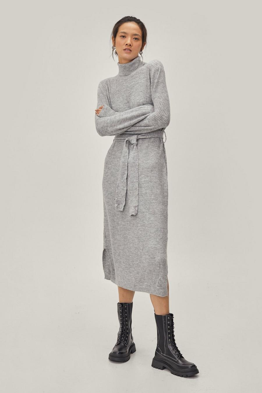 Knitted Roll Neck Belted Midi Dress